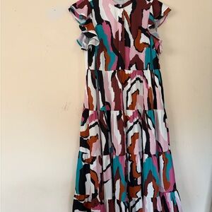 CROSBY BY MOLLIE BURCH SIZE  M PINK AND BLUE FLUTTER SLEEVE MAXI SUNDRESS.